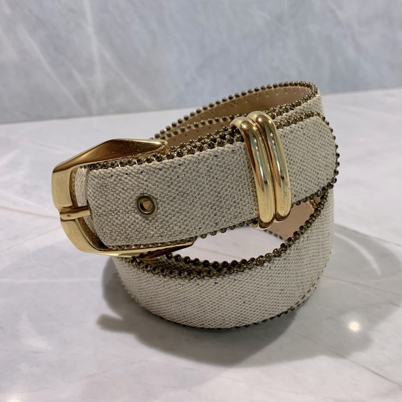 Canvas tan belt with little gold balls around edge and gold buckle   size 29” - Picture 4 of 6